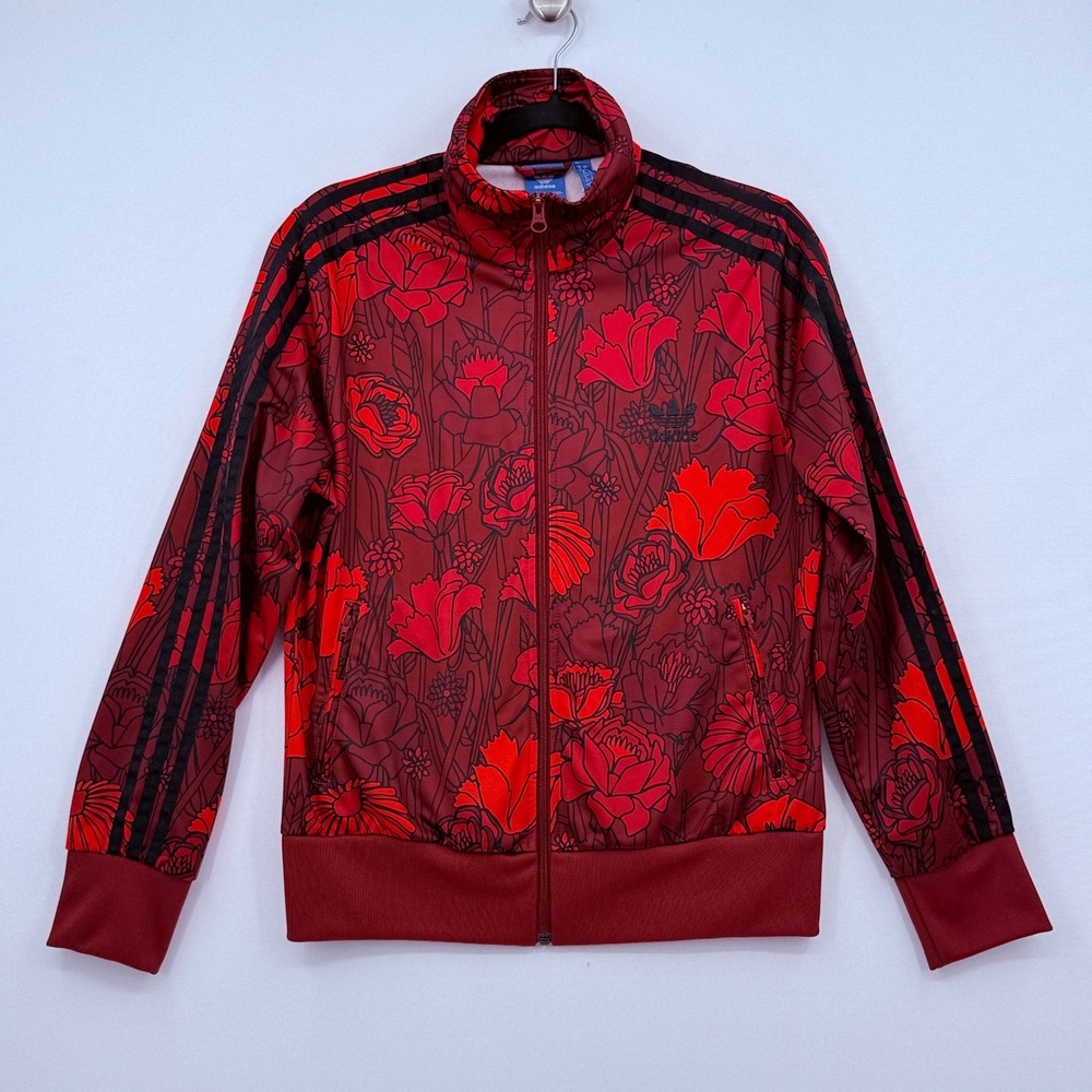 Adidas Firebird Track Jacket Womens Large Red Floral Three Stripe Trefoil NEW